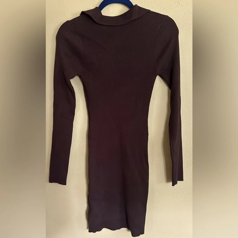 Brown Ribbed Collared Dress - Picture 2 of 4